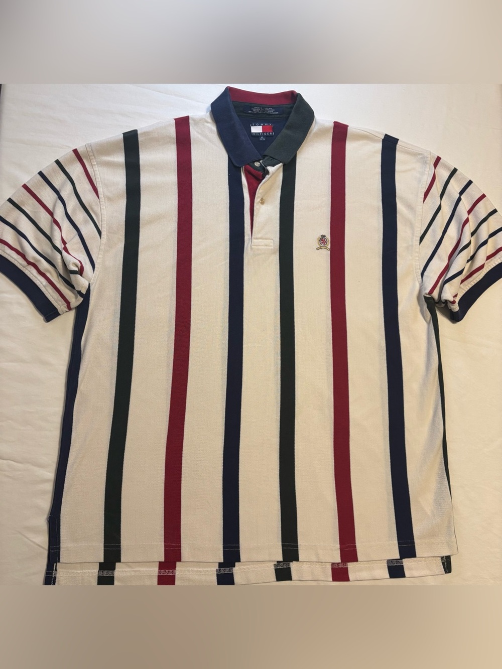 Vintage 1990’s Tommy Hilfiger Vertical-Striped Polo Shirt- Lion Crest Logo- XL